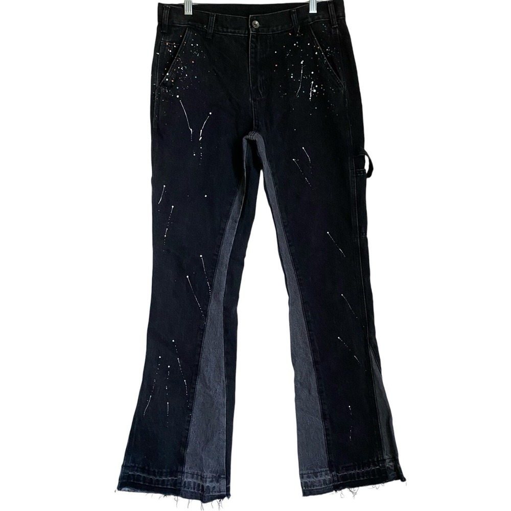 Black icon Limusa Jeans Women XL Paint splatter Flared Cargo Artsy Hippie Hype